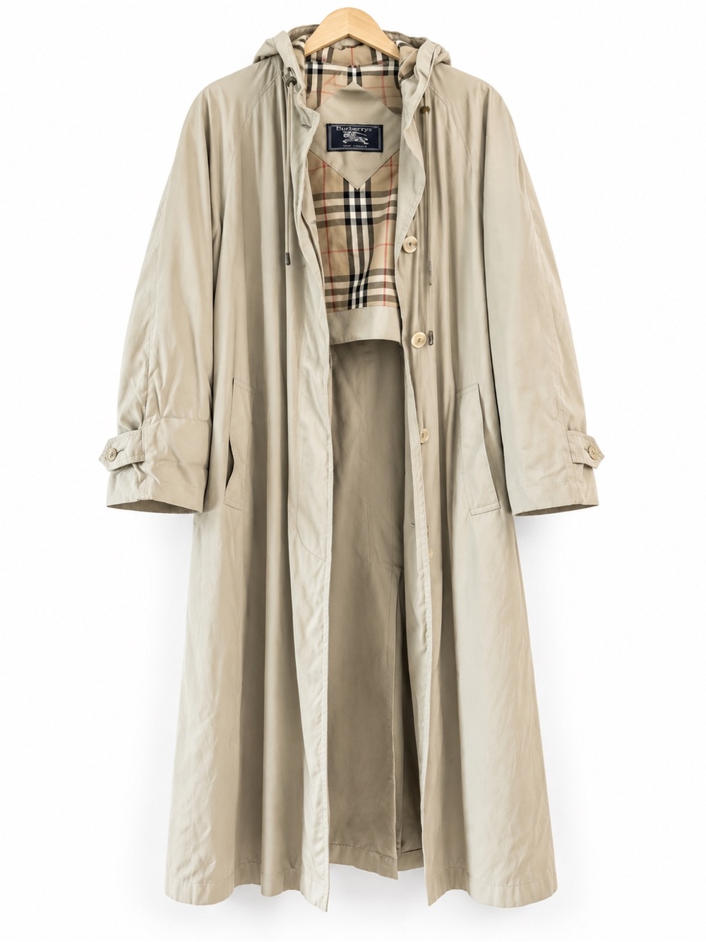 Vintage 90s Burberry of London Hooded Long Trench Coat Nova Check Beige